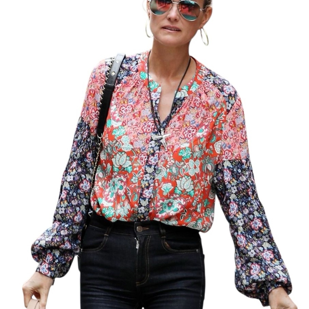 FRAME Fresia Floral Print Mandarin Neck Button Down Blouse - L